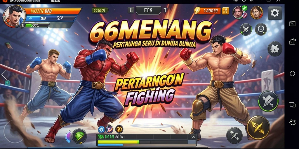 Screenshot gameplay 66MENANG menampilkan pertarungan seru antara karakter.