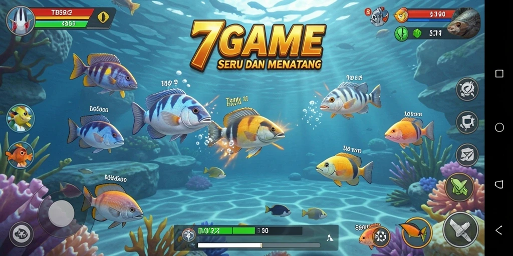 Screenshot gameplay 7GAME menampilkan aksi tembak ikan yang seru.