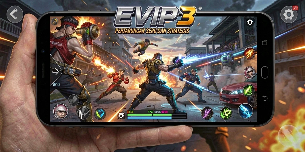 Tampilan gameplay EVIP3 yang menampilkan pertarungan seru dan karakter unik.