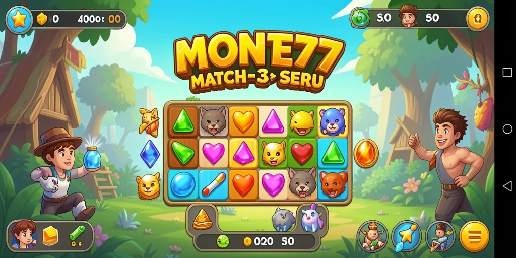 Tangkapan layar MONTE77 menampilkan gameplay Match-3 yang seru dan menantang.