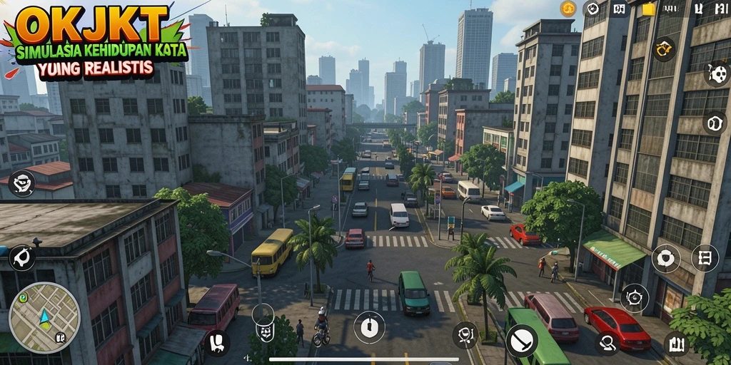 Tampilan gameplay OKJKT yang memukau dalam simulasi kehidupan sehari-hari.