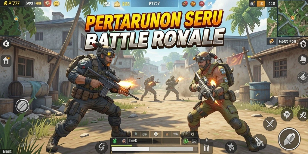 Screenshot utama PT777 menampilkan aksi pertempuran mendebarkan Battle Royale.