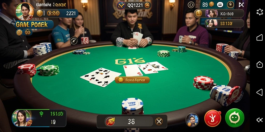 Screenshot gameplay QQ1221 yang menampilkan aksi poker seru.