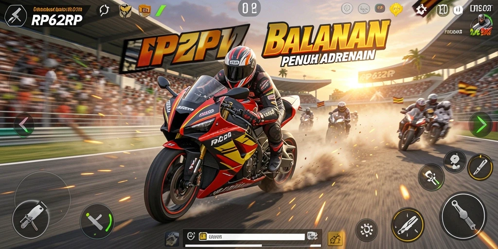 Screenshot utama RP62RP menunjukkan aksi balapan motor yang cepat dan intens.