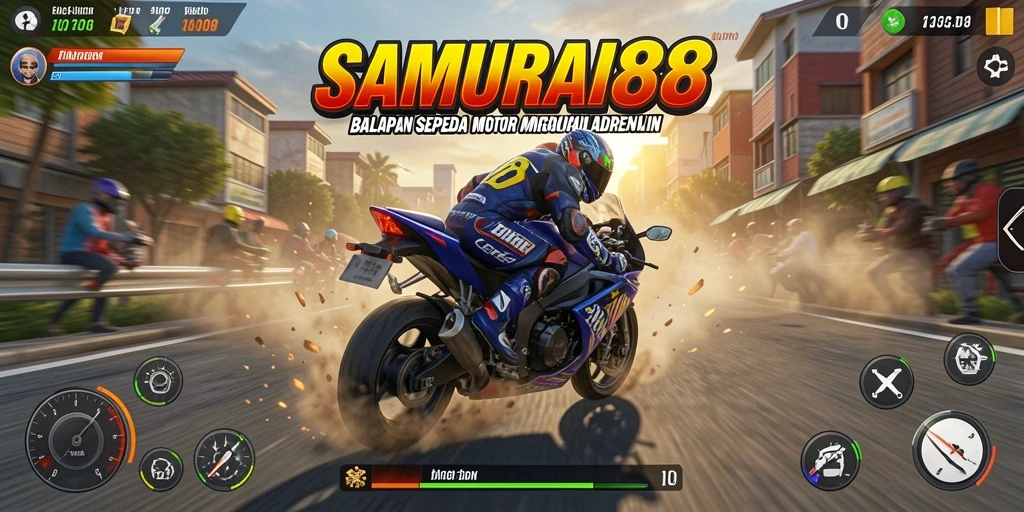 Tampilan gameplay <strong>SAMURAI88</strong> yang menampilkan aksi balapan sepeda motor yang seru.