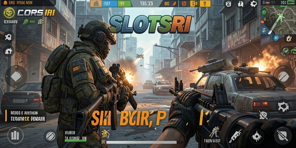 Screenshot gameplay SLOTSRI menampilkan aksi menegangkan dalam pertempuran FPS.