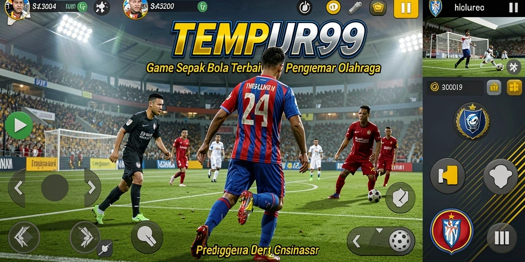 Gameplay TEMPUR99 menampilkan aksi seru di lapangan sepak bola.